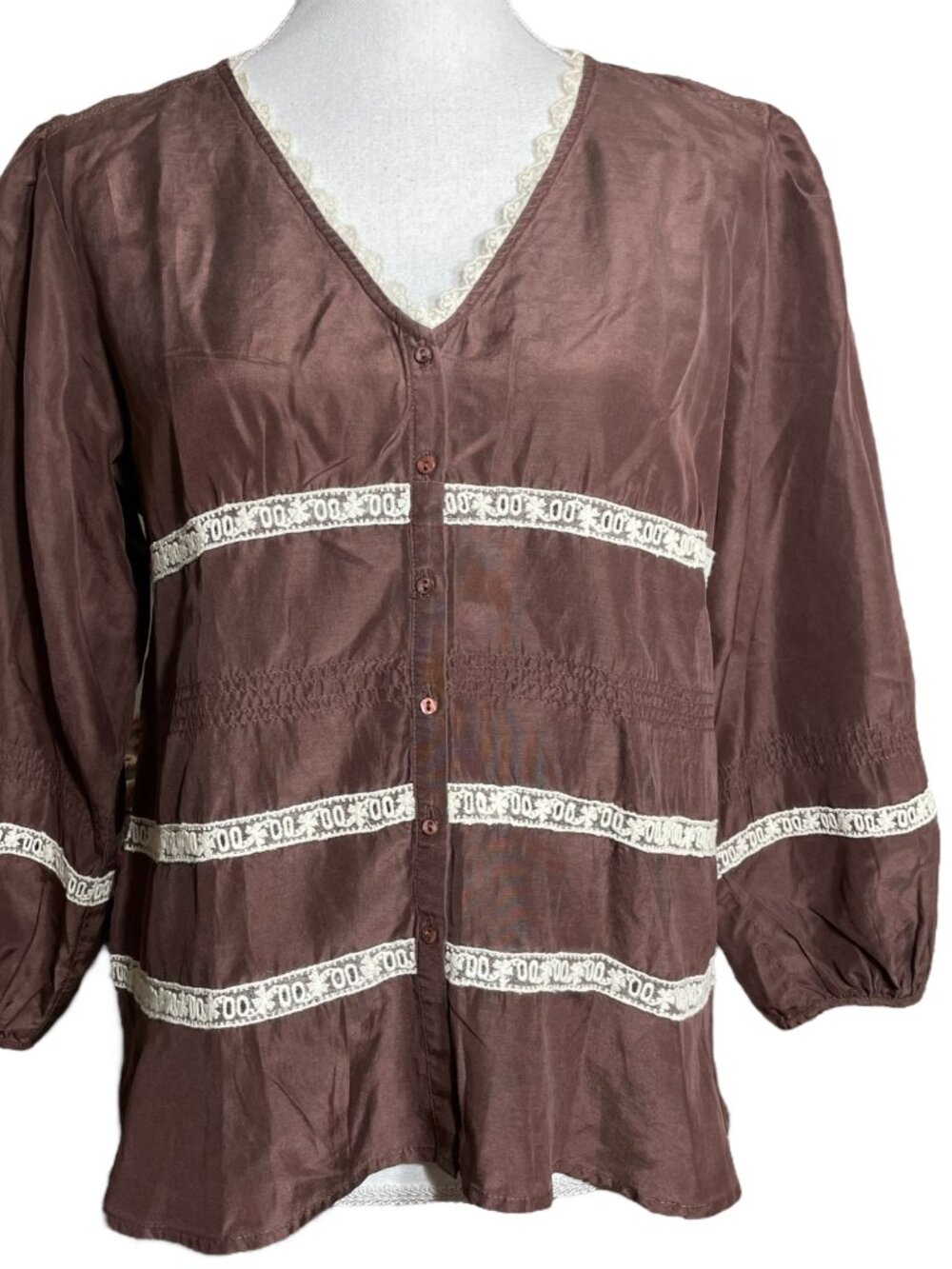 Cottagecore Silk Blend Blouse M Lace Trim V-Neck Boho Brown Balloon Sleeve